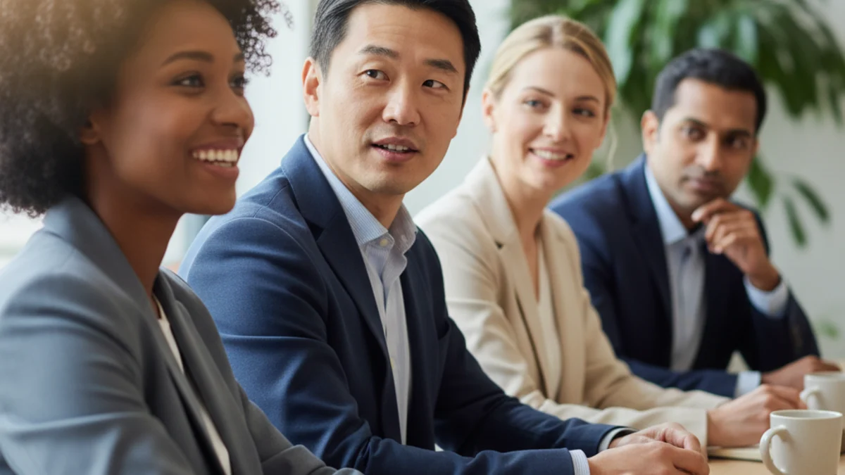 Happy compliance and security leaders discussing AI governance in a bright office