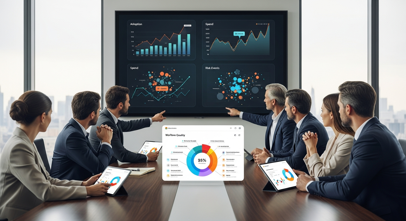 Leaders reviewing AI coding assistant adoption, spend, and risk signals